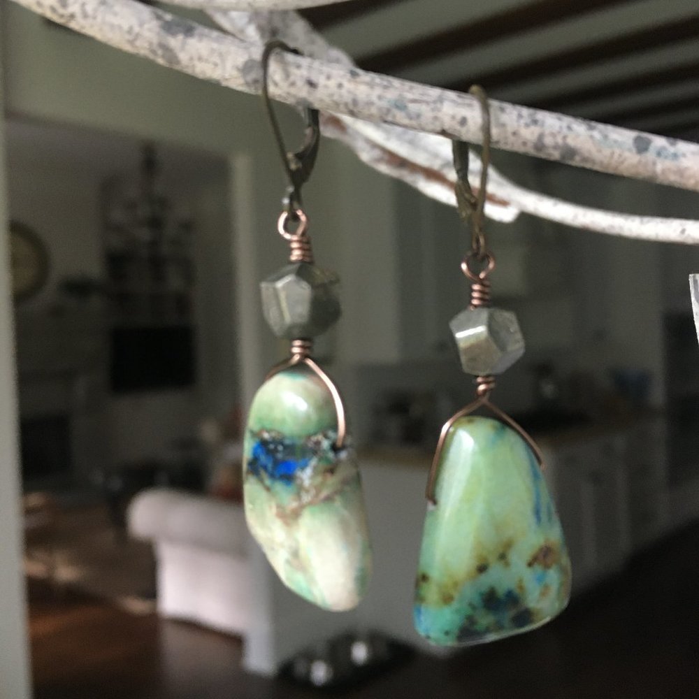 Beautiful Green Agate with Blue and Brown Highlights, and Hematite Earrings